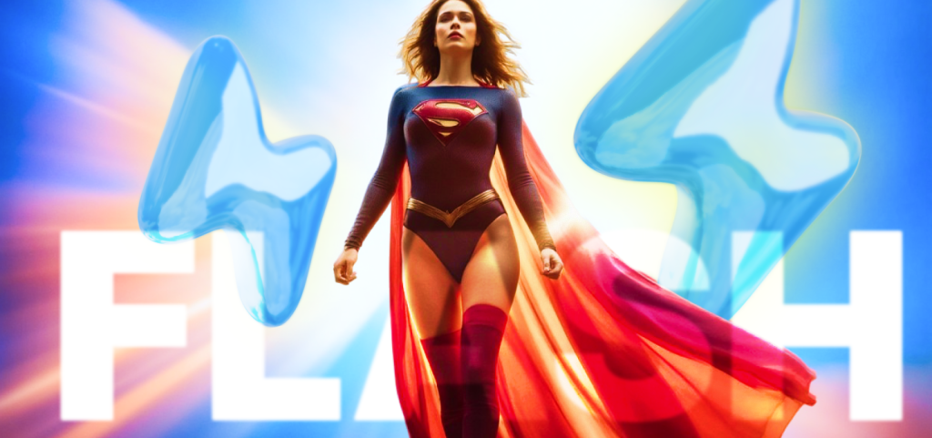 Una superheroína poderosa, inspirada en Flash, con un traje de rayos rojos y amarillos, volando a gran velocidad sobre los rascacielos de una ciudad. Su estela deja un rastro de luz. Lleva una etiqueta luminosa de "Disponible Ahora". Logo de Skokka visible.